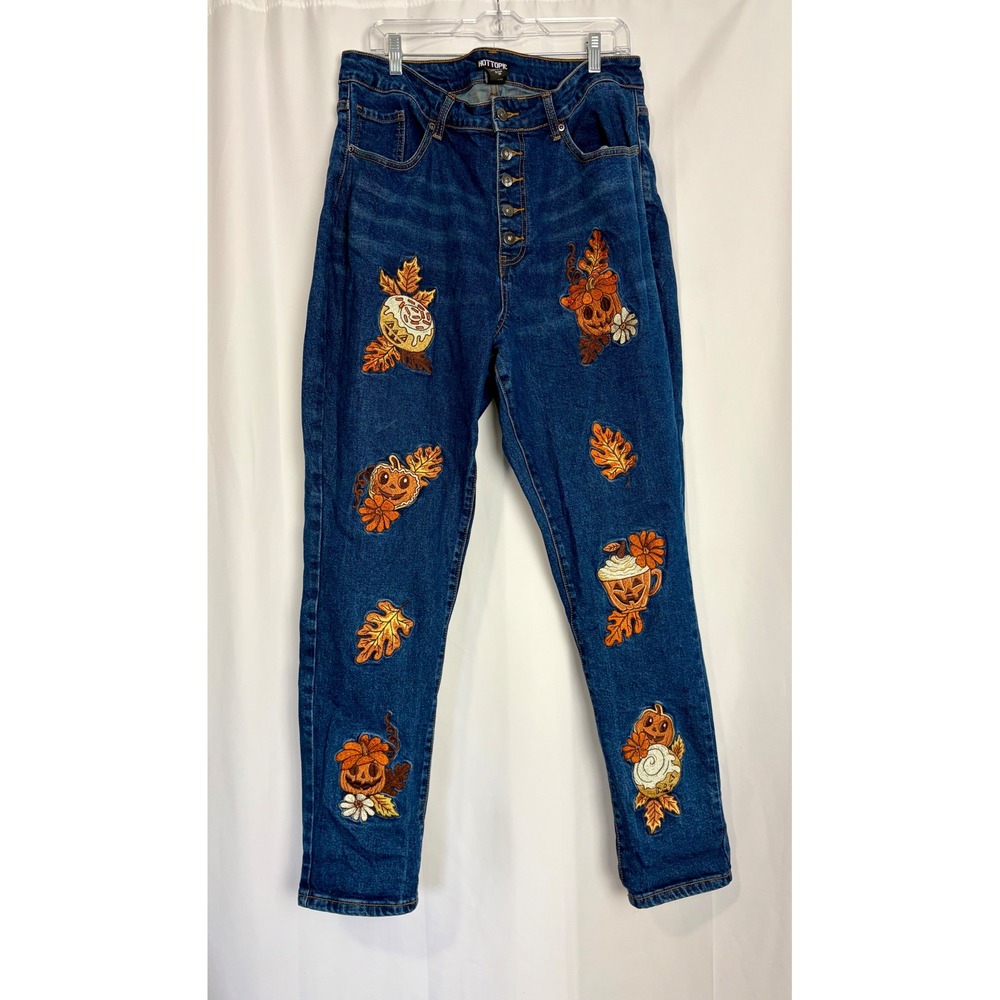 Hot Topic Halloween Pumpkin Spice Latte Embroidered Mom Jeans Blue Size 16